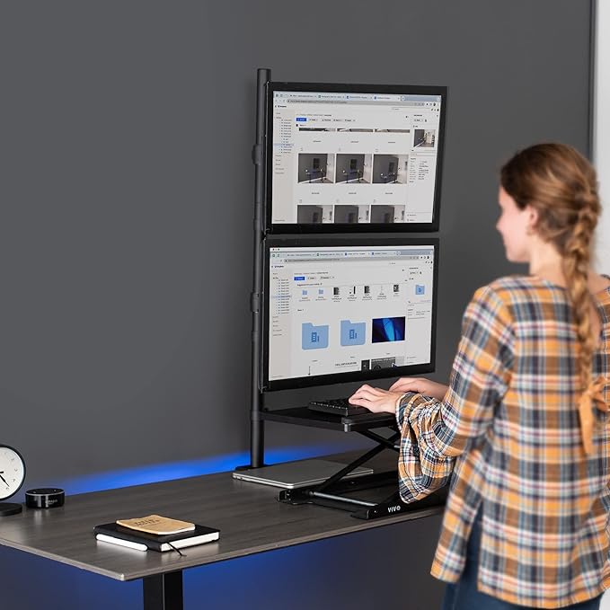 VIVO Extra Tall Vertically Stacked Dual Monitor Desk Mount Stand with 39 inch Stand-up Pole, Fully Adjustable Extended Arms, Fits 2 Screens up to 27 inches, STAND-V012T