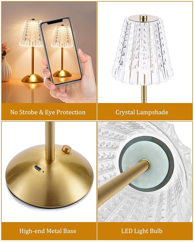 Rechargeable Cordless Table Lamp, Touch Control Crystal Desk Lamp with 3500mAh Battery, 3 Color Dimmable LED Small Lamp for Bedroom Bedside Restaurant Kitchen Home Decor, Gold