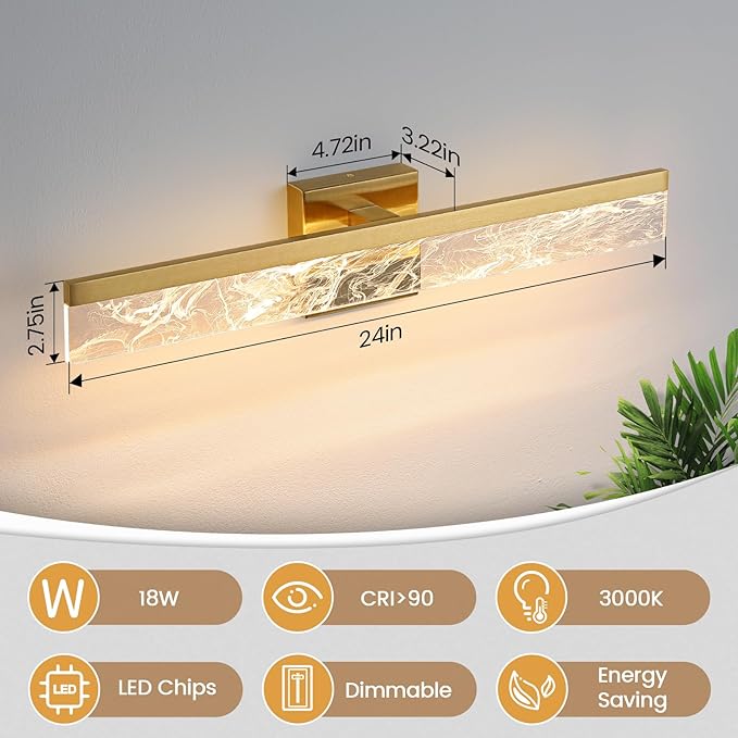 Gold Vanity Light - 24 Inch Modern Bathroom Light Fixture Over Mirror 18W 3000K Warm Lighting Dimmable LED Vanity Lights for Bathroom Restroom Mirror