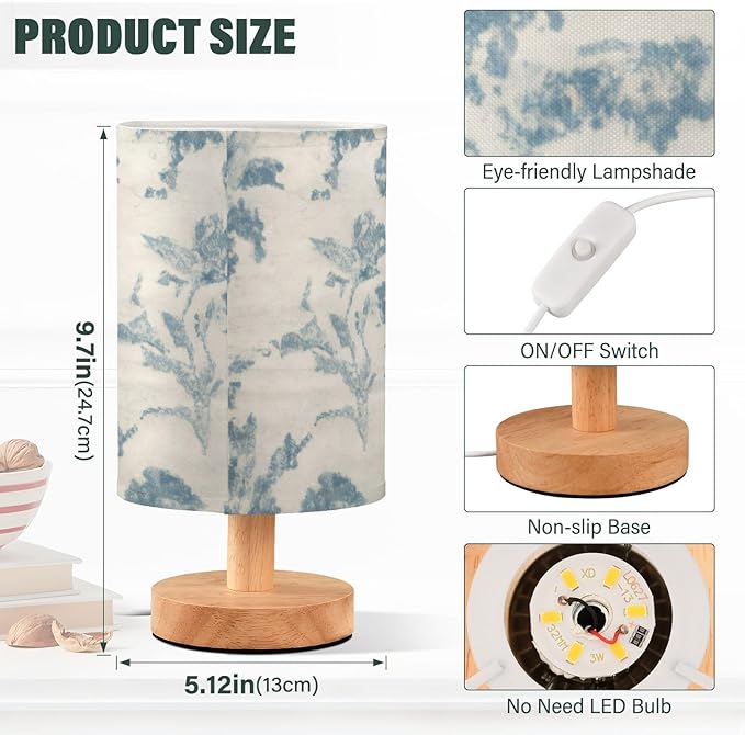 Flower LED Table Lamp, Bedside Lamp with Linen Lampshade, Flicker-Free Eye Care USB Plug in Nightstand Lamp, for Bedroom and Office