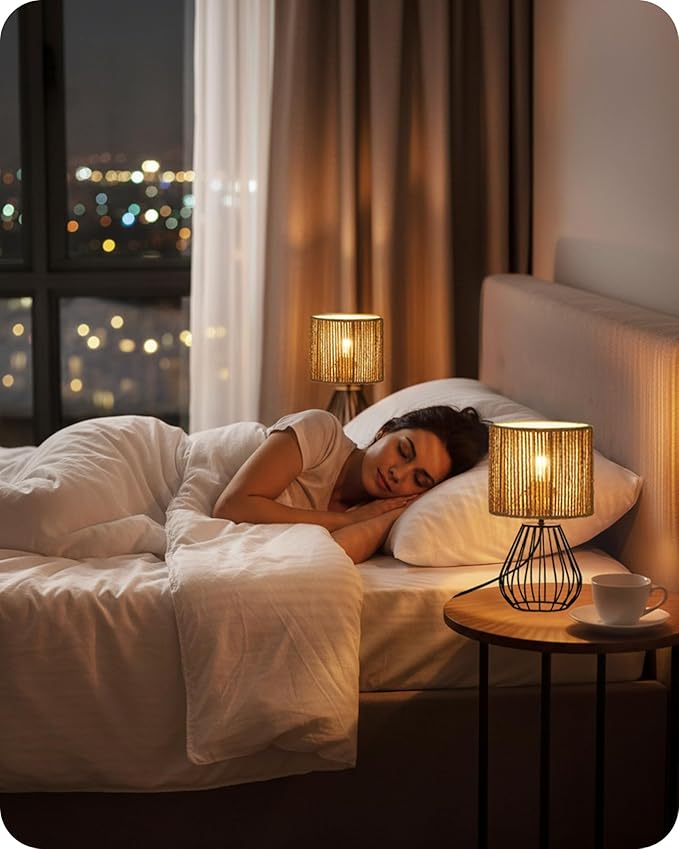 Small Bedside Lamp, Boho Table Lamp with Handwoven Paper Lampshade & Black Metal Base, Rattan Desk Lamp, Modern Nightstand Lamp for Bedroom, Living Room, 2700K LED Bulb Included, SW06TL05