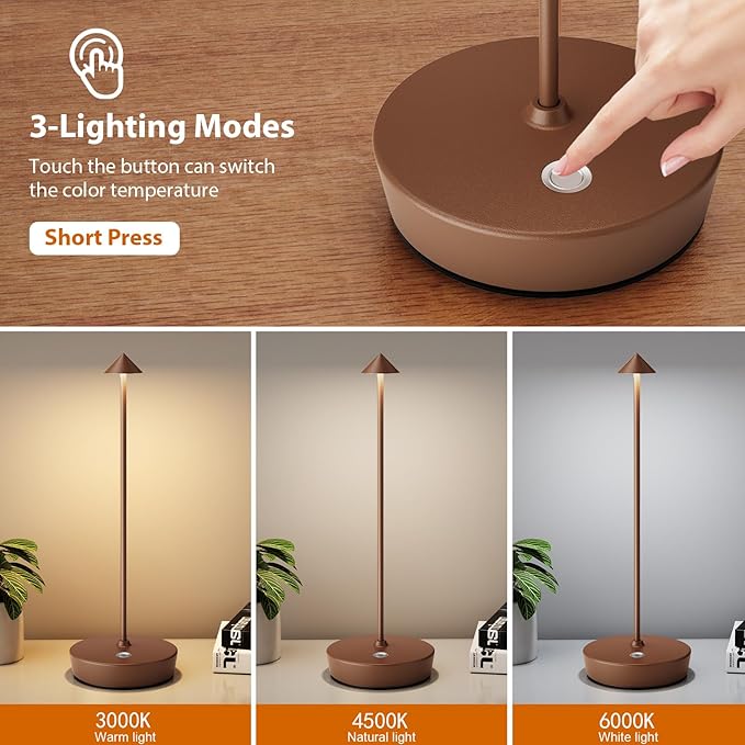 2Pack Rechargeable Cordless Table Lamp, Portable Powered LED Battery 6000mAh Metal USB Desk Lamp, 3 Levels Brightness Light for Restaurants Outdoor (2pack Coffee)