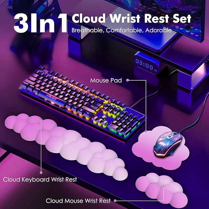 MoKo Cloud Wrist Rest, Ergonomic Cloud Keyboard Wrist Rest with Mouse Rest Wrist Pad, Durable Polyester Cloud Arm Rest Wrist Pad for Keyboard and Mouse for Office, Gaming, Computer, Laptop, Pink