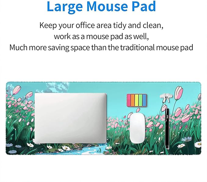 Anime Floral Gaming Desk Pad - Extended Cute Sage Green Plant Mouse Pad Mat with Stitched Edge Non-Slip Base - 31.5"x11.8"