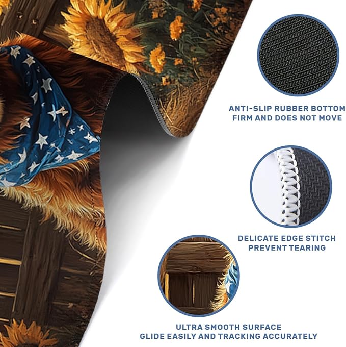 Highland Cow Desk Mat Gaming Mouse Pad Americana Farm Sunflower Mousepad Computer Keyboard Pad Mouse Mat Laptop Mat 31.5 x 11.8 Mouse Pads for Desk Home Office Gaming