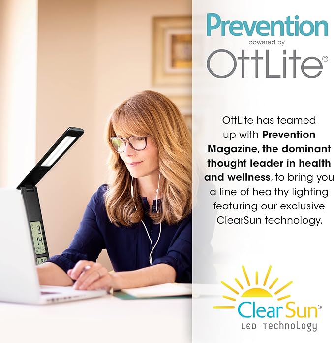 Prevention by OttLite LED Task Adjustable Lamp with Digital Display - Adjustable Neck, 3 Color Modes & USB Charging - Eye-Friendly Lighting for Crafting, Office Work, Reading & Studying