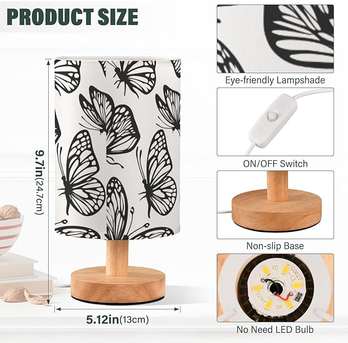 Black White Butterfly LED Table Lamp, Bedside Lamp with Linen Lampshade, Flicker-Free Eye Care USB Plug in Nightstand Lamp, for Bedroom and Office