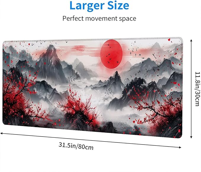 Watercolor Cherry Blossom Gaming Mouse Pad Pink Japanese Mountain Mousepad XL Large Gaming Mouse Pad Laptop Keyboard Mat Desk Pad 31.5"x11.8" Office Home Decor for Women Girl