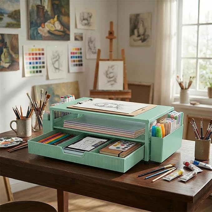 Desk Organizer and Accessories, 2-Tier Computer Monitor Stand Rise with Storage Drawer & 2 Pen Holders, Laptop & Printer Stand for Desktop, Workspace Organizers for Office Supplies (Green)