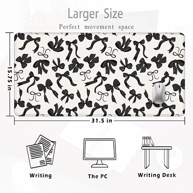 Coquette Black Bow Large Mouse Pad 31.5x15.7inch, Trendy Preppy Black White Bow Large Extended Computer Desk Mat Mousepad for Keyboard and Mouse, Girly Desk Accessories