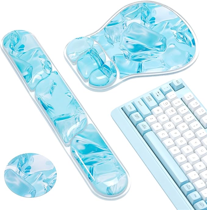 Ospelelf Mouse Pad with Wrist Rest Set Gel Ergonomic Keyboard Wrist Support Anti-Slip Rubber Bottom Office Women Desk Accessories for Computer, Laptop and Gaming, Ice Blue