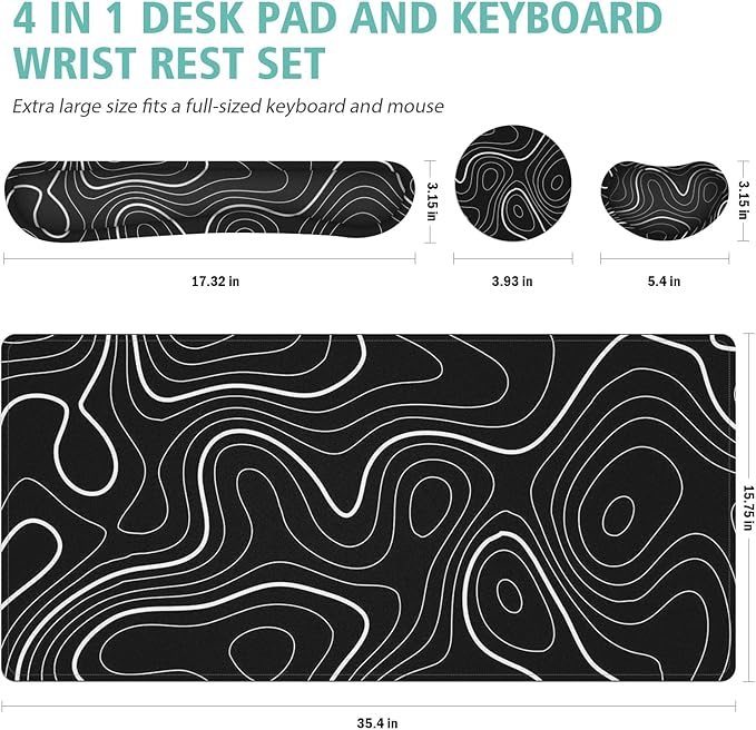 4 in 1 Large Mouse Pad,Keyboard Wrist Rest Set,Desk Mat with Stitched Edges Thicken Desk Pad,Wrist Support for Keyboard and Mouse,Desk Mat for Home Office Game(Black Marble)