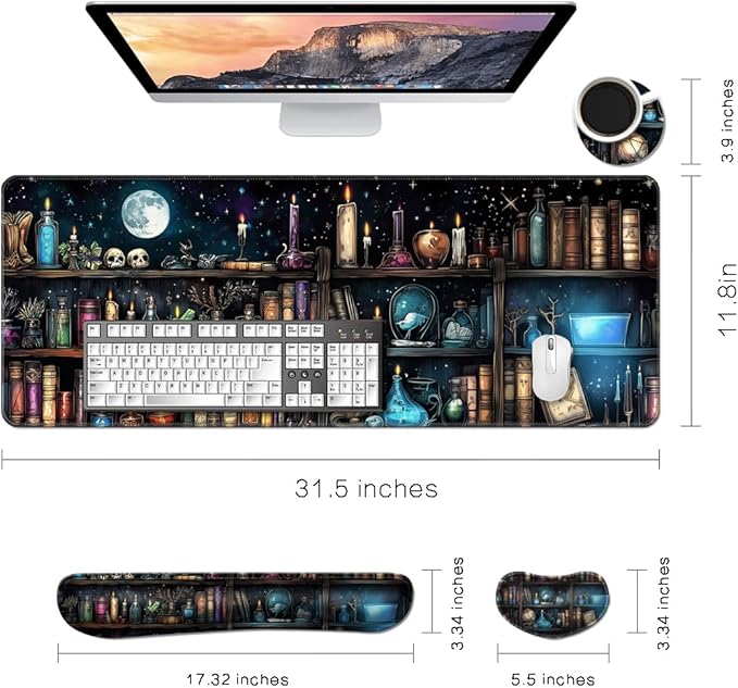 MIBITRI Keyboard Mouse Pad Set, Extended Gaming Mouse Pad+Ergonomics Keyboard Wrist Rest Support, Memory Foam, Easy Typing, 4Pcs XXL Ultra Thick Desk Mat, Enchanted Bookshelf