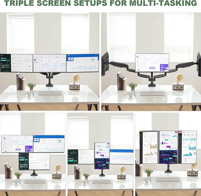 Triple Monitor Stand for Three Computer Screens up to 32”, Heavy Duty C-Clamp Base, Fully Adjustable Gas Spring 3 Monitor Desk Mount Arms Hold up to 30.9 lbs Each