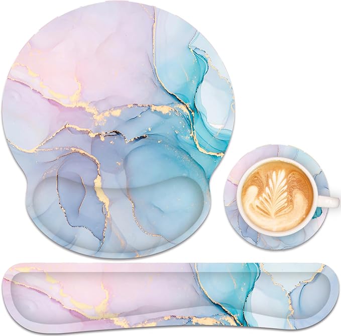 Ergonomic Mouse Pad with Wrist Rest and Keyboard Wrist Rest, Mousepad and Wrist Rest for Computer Keyboard, Non-Slip Rubber Base, Mouse Pad with Wrist Support for Gaming, Office, Pink Blue Marble