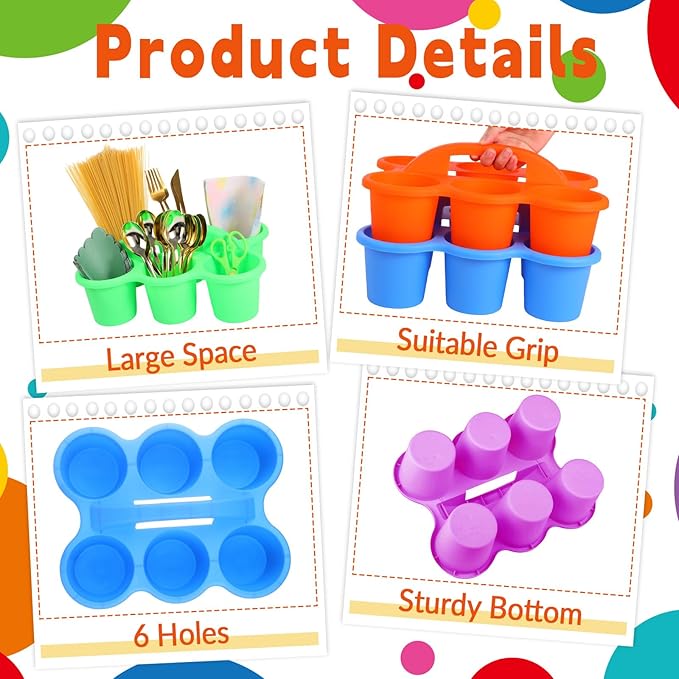 6 Pack Classroom Caddy Organizer with Handle Colorful Plastic Table Caddy Drink Cup Caddies Holder 12×9×3.5 Inches Storage School Supplies 6 Compartments for Table Crayon Pencil Cup Marker Craft