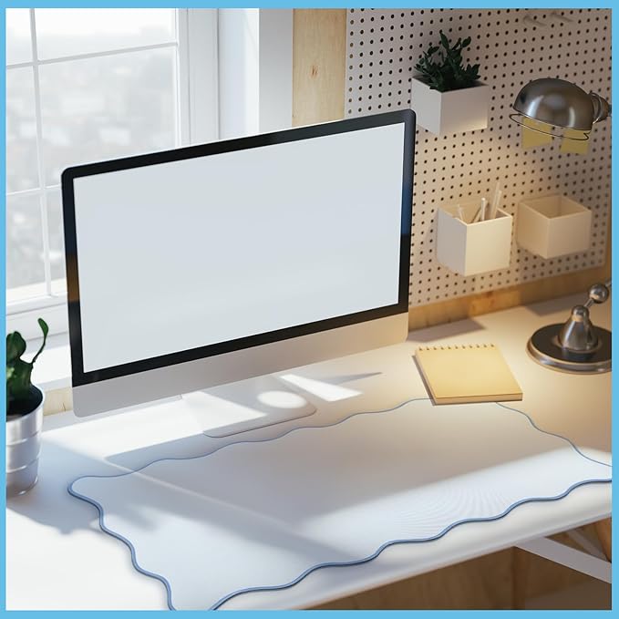 Scalloped Desk Mat Large Scalloped Piping Cute Desk Mat Aesthetic Preppy Table Pad Large Nonslip Pad with Edge Stitching Waterproof Gaming(Blue,31.5 x 15.75 Inches)