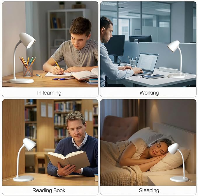 LED Desk Lamp for Home Office,3 Light Colors,Table Lamp,Dimmable Reading Light for Bedside Small Desk Lamp for College Dorm Room,Bedroom Desk Light,White