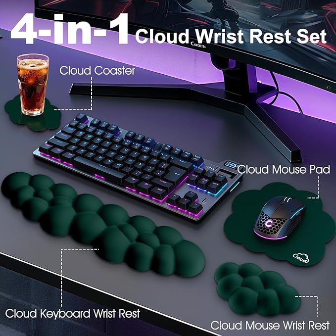 Cloud Wrist Rest Keyboard Cushion, 4-in-1 Ergonomic Cloud Keyboard Wrist Rest and Mouse Pad Set with Memory Foam Arm Support for Palm, Cute Desk Accessory for PC Gaming Setup, Dark Green