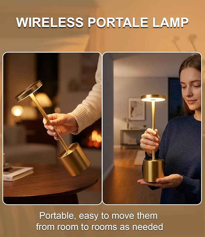 Cordless Table Lamp Set of 2, Gold 5000mAh Rechargeable Battery Operated Lamps, Wireless 3 Color Dimmable Touch Lamp Table Light for Restaurant Dining Patio Outdoor, Home Decor