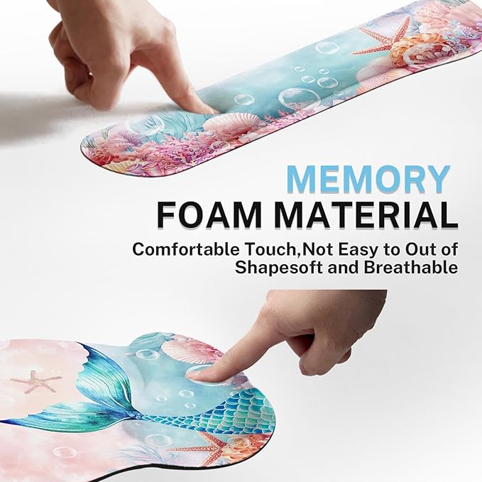 Britimes Pink Cute Deep Sea Mermaid Ergonomic Mouse Pad Set with Wrist Rest Non-Slip Rubber Base Wrist Cushion Support and Coasters Mousepad with Wrist Support for Computer Keyboard and Desk