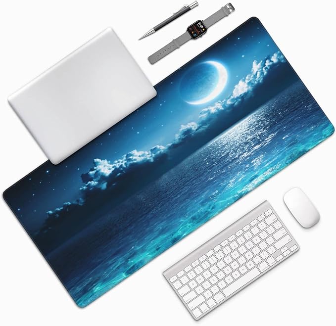 Gaming Mouse Pad,Large Mouse Pads for Desk,Non-Slip Rubber Base Extended Mousepad,XXL Keyboard Mouse Mat,Computer Keyboard Desk Pad with Stitched Edges,35.4x15.8inch,Romantic Moon On Sea