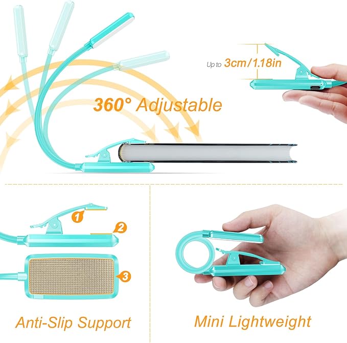 Gritin 9 LED Rechargeable Book Light for Reading in Bed - Eye Caring 3 Color Temperatures,Stepless Dimming Brightness,80 Hrs Runtime Small Lightweight Clip On Book Reading Light for Studying -Blue