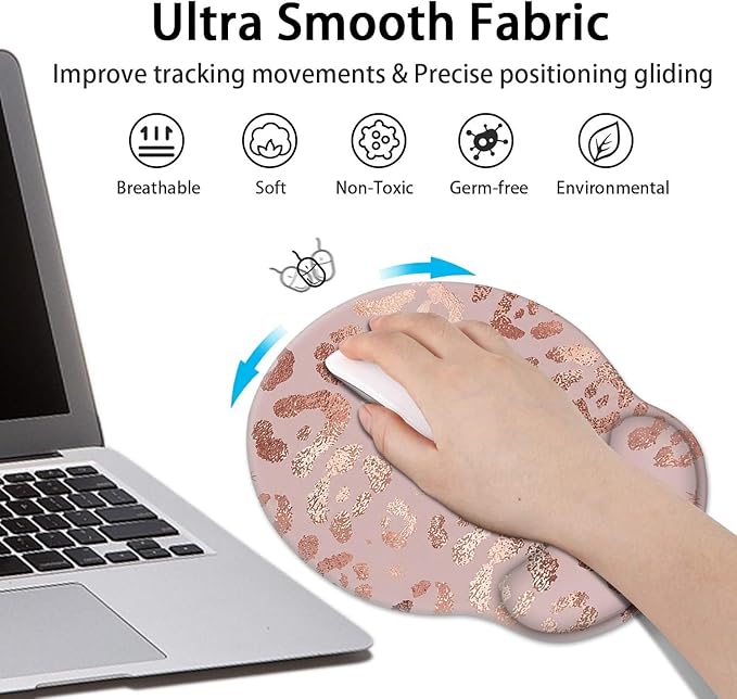 Britimes Leopard Rose Gold Pink Ergonomic Mouse Pad Set with Wrist Rest Non-Slip Rubber Base Wrist Cushion Support and Coasters Mousepad with Wrist Support for Computer Keyboard and Desk