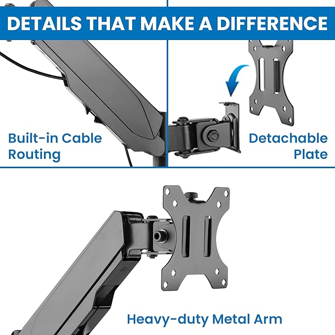 Mount-It! Monitor Wall Mount with Full Motion Gas Spring Arm | Height Adjustable Bracket for Flat Panel Screens Up to 32" | Fits VESA 75 and 100, 17.6 Lbs Capacity, Black