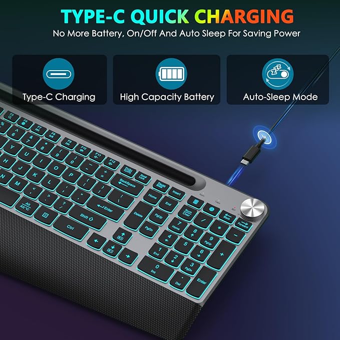 Ergonomic Backlit Wireless Keyboard with Wrist Rest-Low-Profile,Phone/Tablet Holder,Rechargeable with Light Up Keyboard,Cordless Quiet Computer Keyboard for Desktop,Laptop, PC, Mac-Grey