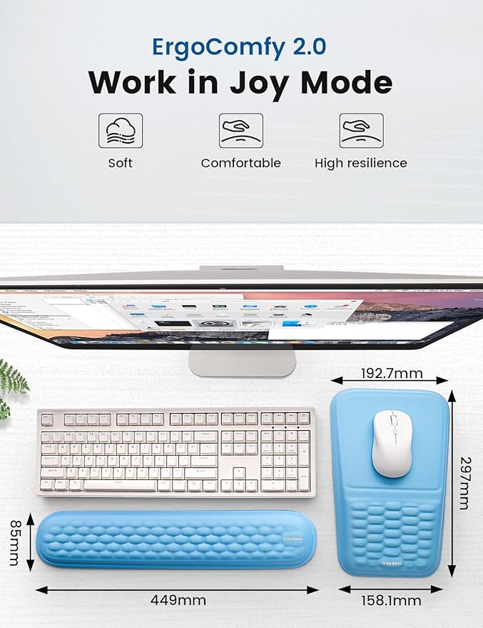 Vaydeer Wrist Rest for Computer Keyboard & Mouse Pad Set – Gray, Ergonomic Memory Foam Wrist Support, Non-Slip Keyboard Wrist Rest & Soft Mouse Pad for Typing Comfort & Wrist Support