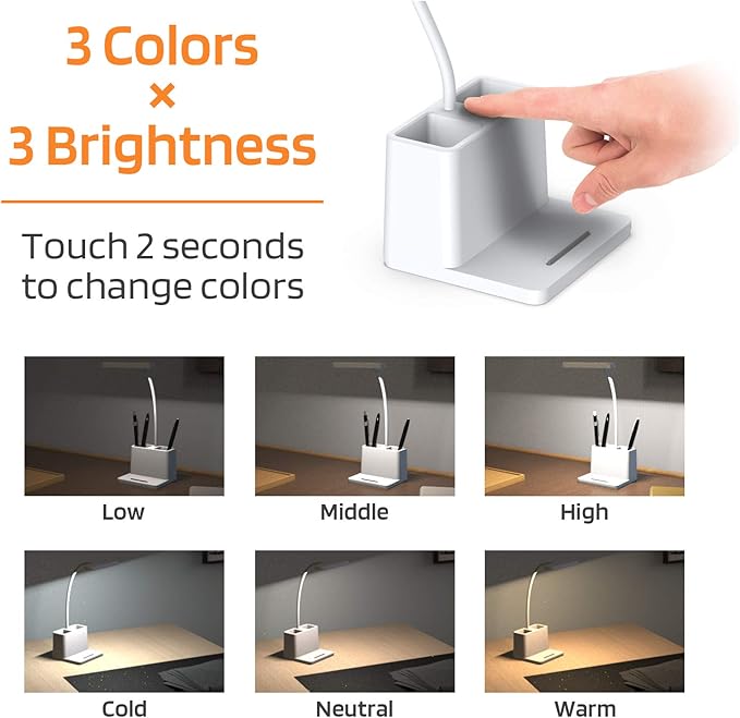 AXX Rechargeable Small Desk Lamp for Home Office Bedroom, Study Table Light for Kids Teens, White, LED, Pen Holder, Mini, Gooseneck, College Dorm Room Lighting for Computer Keyboard Desktop Task