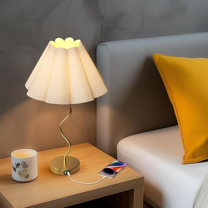 Touch Control Table Lamp with USB Ports, 27” Tall Gold Bedside Lamp with 3-Way Dimmable E26 Bulb, Fabric Shade & Curved Metal Stem, Modern Nightstand Lamp for Bedroom, Living Room, Office