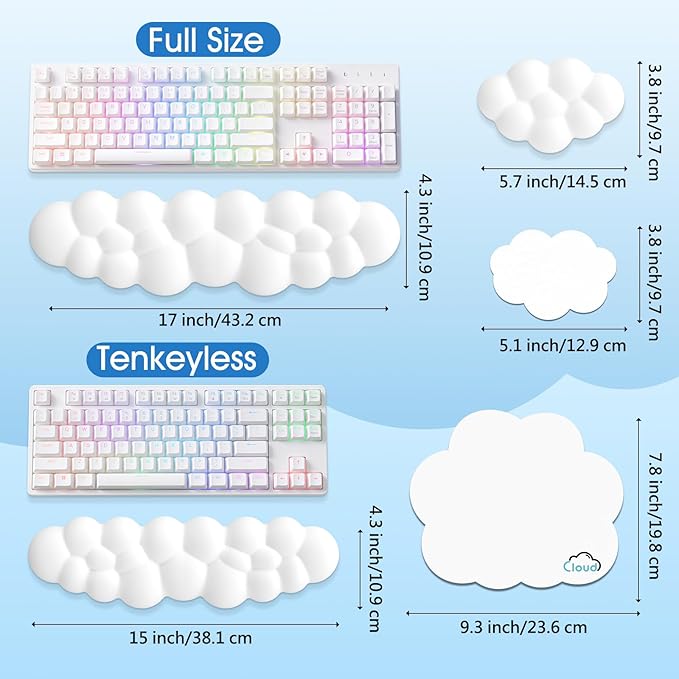 Cloud Wrist Rest Keyboard Cushion, 4-in-1 Ergonomic Cloud Keyboard Wrist Rest and Mouse Pad Set with Memory Foam Arm Support for Palm, Cute Desk Accessory for PC Gaming Setup, White
