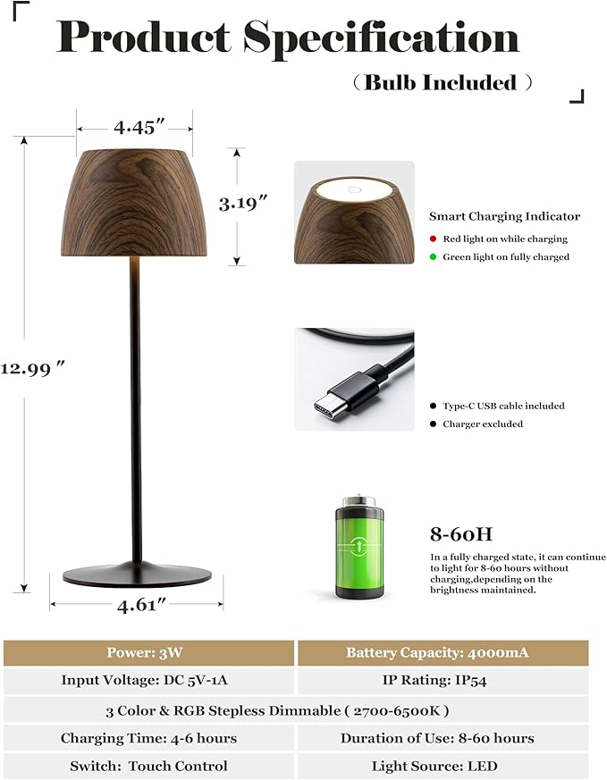 ELYONA 2 Pack Cordless Table Lamp, LED Walnut Wooden Desk Lamps RGB & 3 Color Stepless Dimming Waterproof Rechargeable 4000mAh Battery Operated for Restaurant Bedroom Outdoor Office Night Light Black
