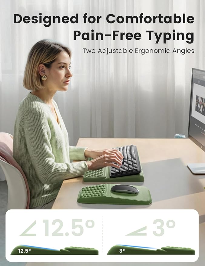 Vaydeer Keyboard Stand and Mouse Pad Set with Wrist Rest, Soft Memory Foam Wrist Support, Ergonomic Wrist Cushion for Desk, Palm Hand Typing for Office, Gaming, Green