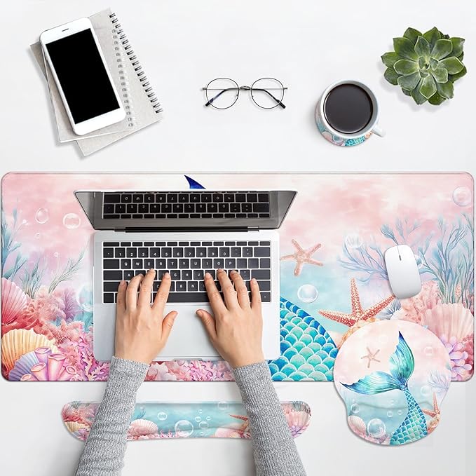 Britimes Pink Cute Deep Sea Mermaid Keyboard Mouse Pad Set 4in1 Large Mousepad+Keyboard Wrist Rest+Mouse Wrist Rest+Coaster Set with Ergonomic Design for Home Office Computer 35.4x15.7 inches
