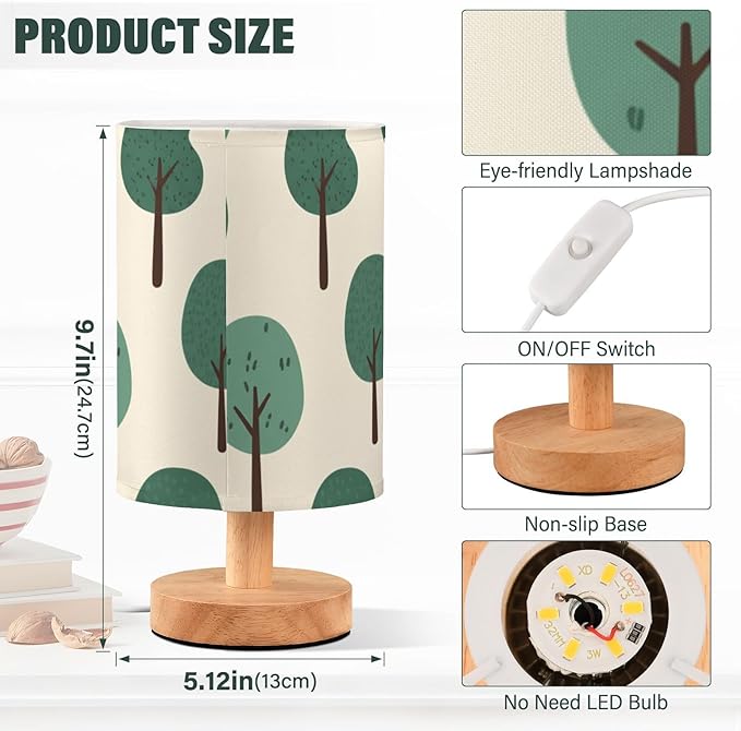 Green Tree LED Table Lamp, Bedside Lamp with Linen Lampshade, Flicker-Free Eye Care USB Plug in Nightstand Lamp, for Bedroom and Office