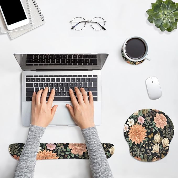 Britimes Spring Flower Leaves Floral Colorful Ergonomic Mouse Pad Set with Wrist Rest Non-Slip Rubber Base Wrist Cushion Support and Coasters Mousepad with Wrist Support for Computer Keyboard and Desk
