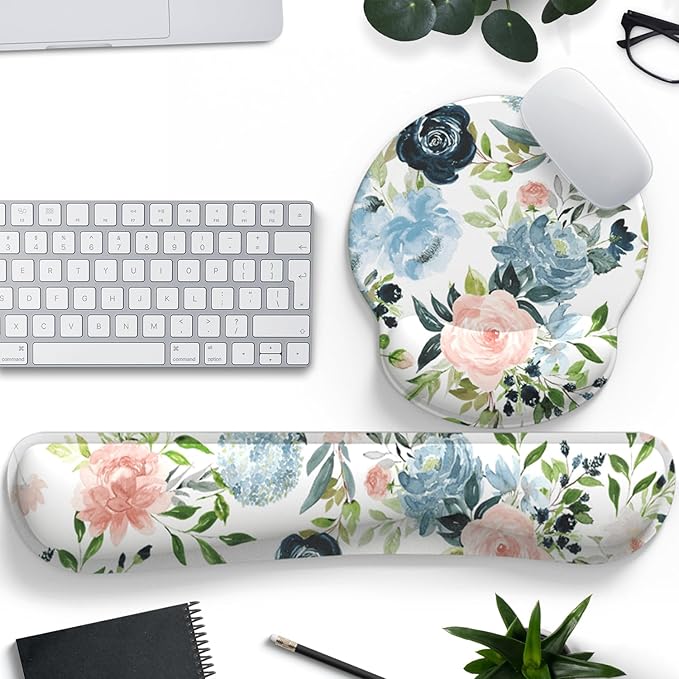 Green Blue Pink Floral Mouse Pad Wrist Support Keyboard Wrist Rest Set, Ergonomic Mouse Pad with Non-Slip Pu Base for Computer Office Comfortable Mouse Wrist Rest Easy Typing Mouse Pad.
