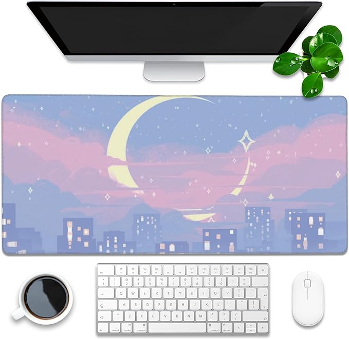 Desk Mat, Anime Moon City Night Scene Extended Gaming Mouse Pad Large, 35.4"x15.7" Big Mouse Pad with Non-Slip Base and Stitched Edge, Long Computer Keyboard Mouse Mat for Home Office Work