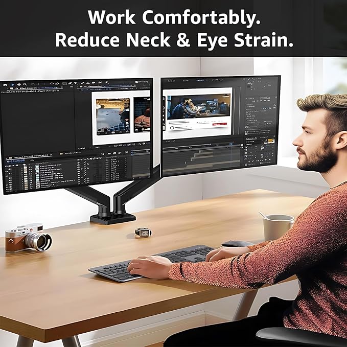 Dual Monitor Arm Desk Mount – Adjustable Gas Spring Monitor Stand for 13”–34” Screens, Full Motion Swivel, Tilt & Rotation, Heavy Duty VESA Mount for Gaming, Programming, and Office Setup