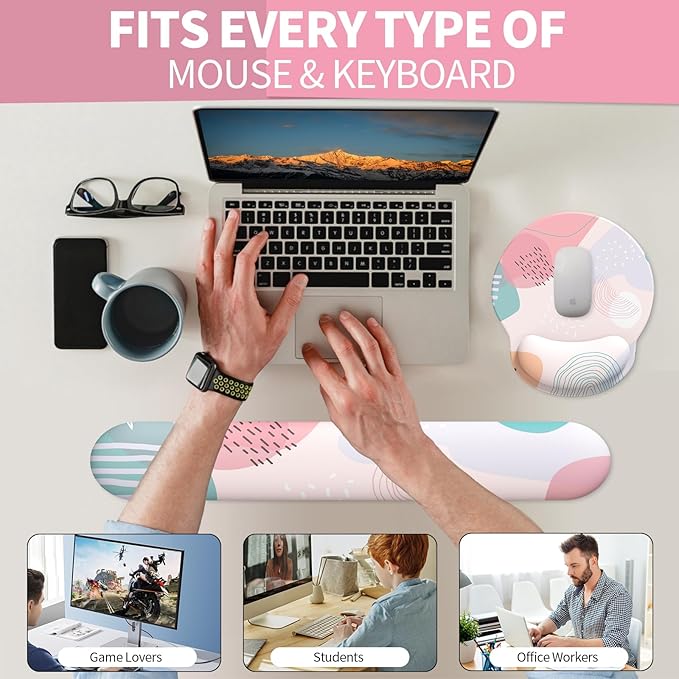 eulps Mouse Pad Wrist Support, Ergonomic Memory Foam Keyboard Wrist Pad & Gel Wrist Rest Set for Computer Keyboard for Easy Typing for Office & Home (Floral Fantasy Set)