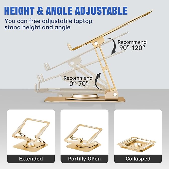 Laptop Stand for Desk, Adjustable Computer Stand with 360° Rotating Base, Ergonomic Laptop Riser for Collaborative Work, Foldable & Portable Laptop Stand, fits for All 10-16" Laptops (Gold)