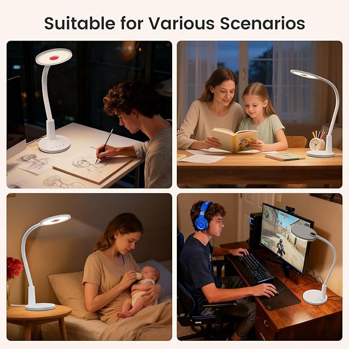 Glendan Desk Lamp for Home Office: Eye-Caring LED Red Light Desk Lamp, 10 Brightness & Flexible Gooseneck, Dimmable Desk Light with Memory & Timer, Table Lamp for Study, Bedroom