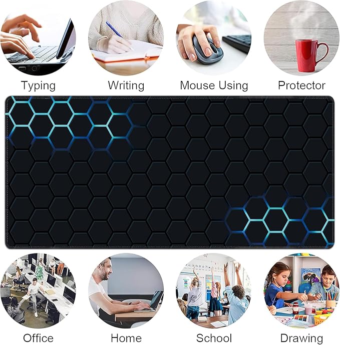 Desk Mat, Hexagon Blue Honeycomb XXL 35.4"x15.7"Large Gaming Mouse Pad, 3mm Thick Gaming Keyboard Pad,Desk Pad Non-Slip Rubber Base with Stitched Edges for Office Game Home Decor