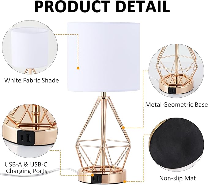 Gold Bedroom Lamps Set of 2, 3 Way Dimmable Touch Table Lamp with USB A+ C Port, Modern Small Lamp for Nightstand with Fabric Shade, Brass Bedside Lamp for Bedroom Living Room, 2 LED Bulbs Included