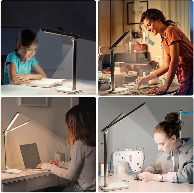 LAOPAO LED Desk Lamp, Dual Head Desk Light, 5 Levels Dimmable & 3 Color Modes Eye-Caring Table Light with USB Charging Port, Table Lamp for Reading, Studying, Home Office,White
