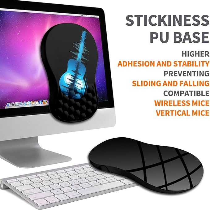 Ergonomic Joint Wrist Support Mouse Pad with Memory Foam Cushion Massage Bump, Carpal Tunnel Wrist Support Mousepad Slope Design for Wrist Rest, 11.8x7.9 in, Guitar