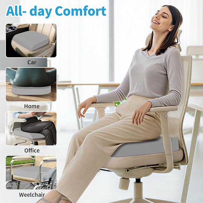 Large Seat Cushion, Memory Foam Cushion for Long Sitting Hours on Office Chair, Home & Car, Non-Slip Chair Pad for Relieving Back & Sciatica & Hip & Coccyx Pain (Light Grey)